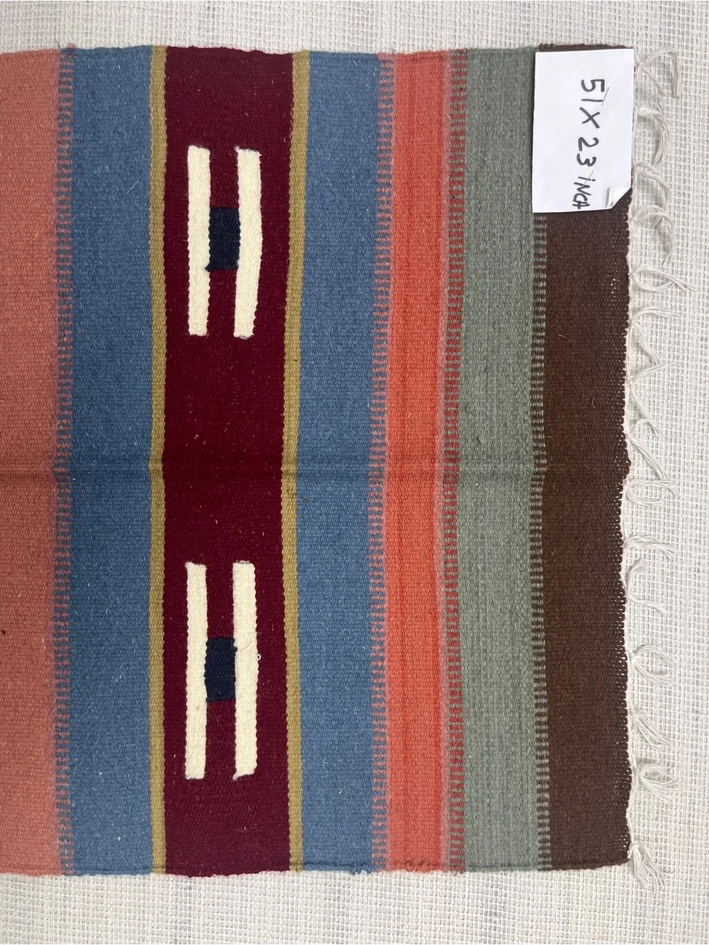 Handwoven Southwestern-Style Tapestry Runner in Blue, Coral & Green